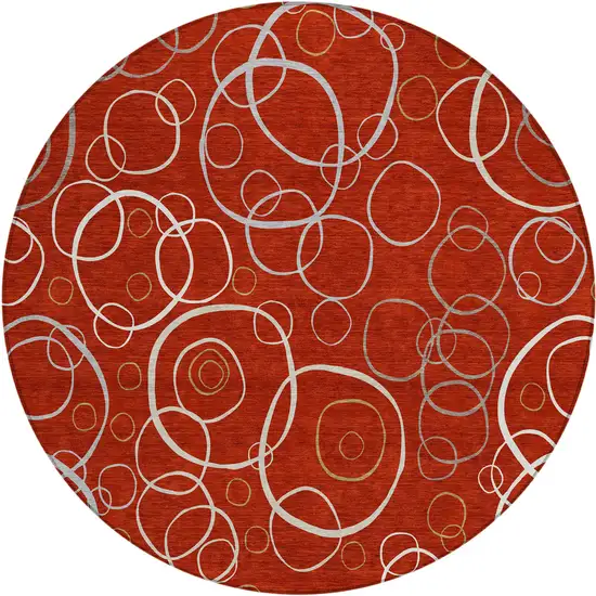 8' Red And Ivory Round Geometric Washable Indoor Outdoor Area Rug Photo 1