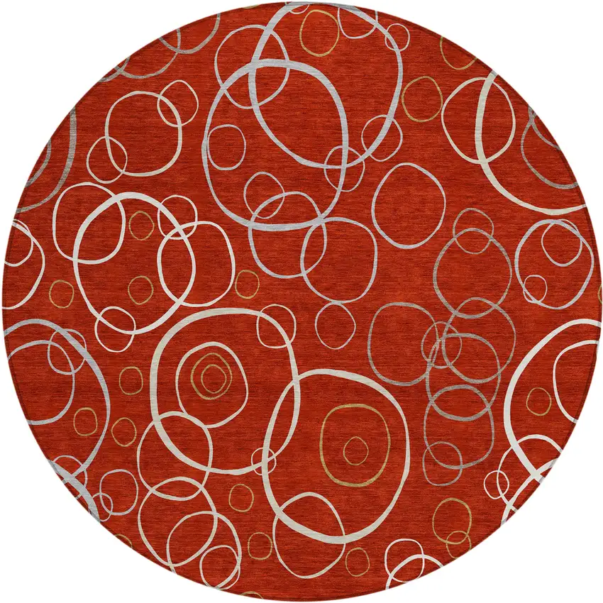 8' Red And Ivory Round Geometric Washable Indoor Outdoor Area Rug Photo 1