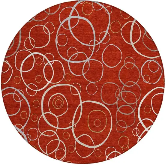 8' Red And Ivory Round Geometric Washable Indoor Outdoor Area Rug Photo 3