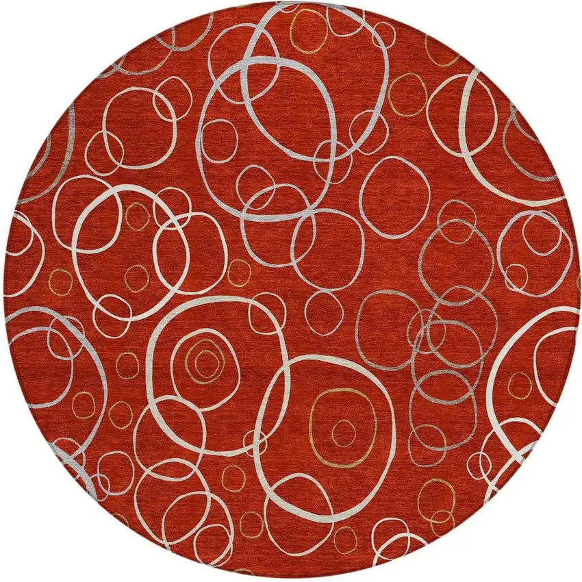 8' Red And Ivory Round Geometric Washable Indoor Outdoor Area Rug Photo 3