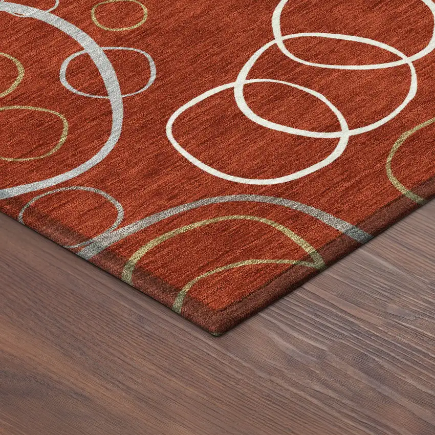 8' Red And Ivory Round Geometric Washable Indoor Outdoor Area Rug Photo 8