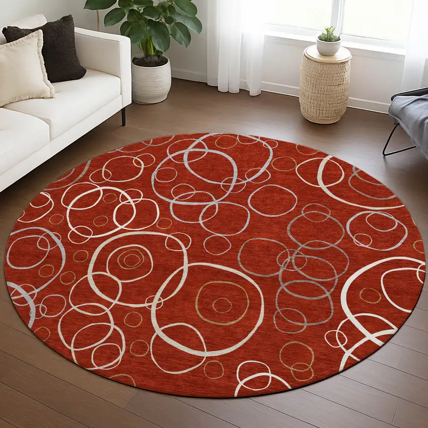 8' Red And Ivory Round Geometric Washable Indoor Outdoor Area Rug Photo 5