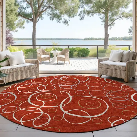 8' Red And Ivory Round Geometric Washable Indoor Outdoor Area Rug Photo 4