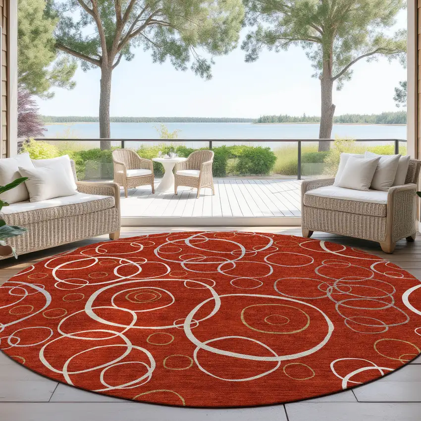 8' Red And Ivory Round Geometric Washable Indoor Outdoor Area Rug Photo 4