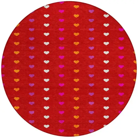 8' Red And Ivory Round Geometric Washable Indoor Outdoor Area Rug Photo 3