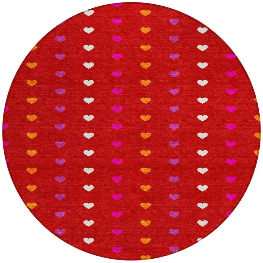 8' Red And Ivory Round Geometric Washable Indoor Outdoor Area Rug Photo 3