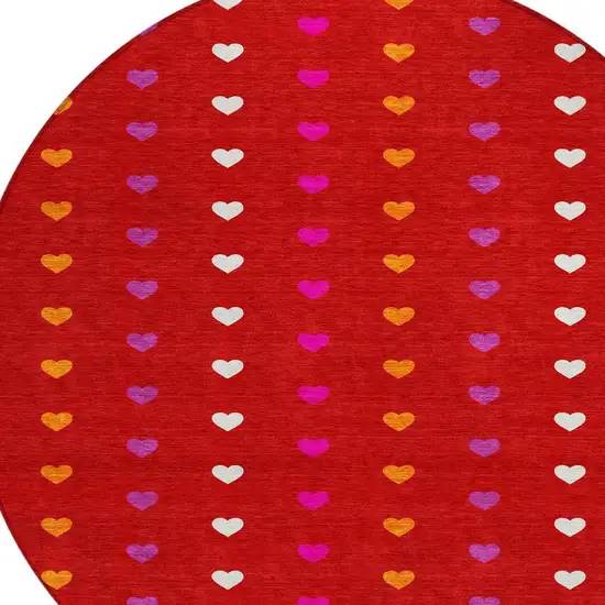 8' Red And Ivory Round Geometric Washable Indoor Outdoor Area Rug Photo 2