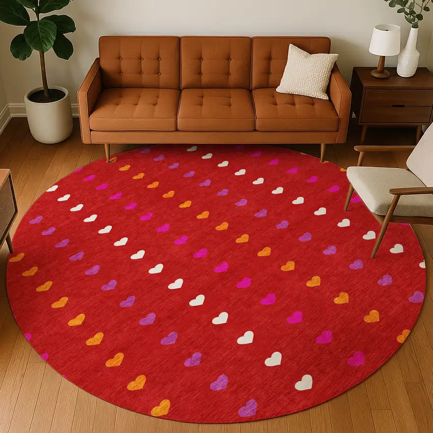 8' Red And Ivory Round Geometric Washable Indoor Outdoor Area Rug Photo 5