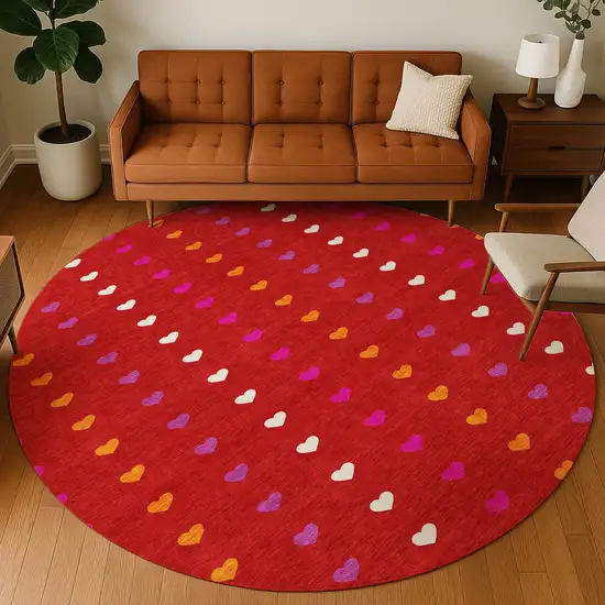 8' Red And Ivory Round Geometric Washable Indoor Outdoor Area Rug Photo 5