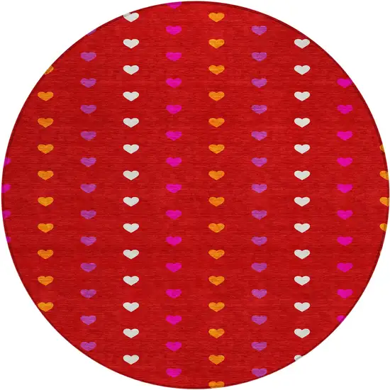8' Red And Ivory Round Geometric Washable Indoor Outdoor Area Rug Photo 1
