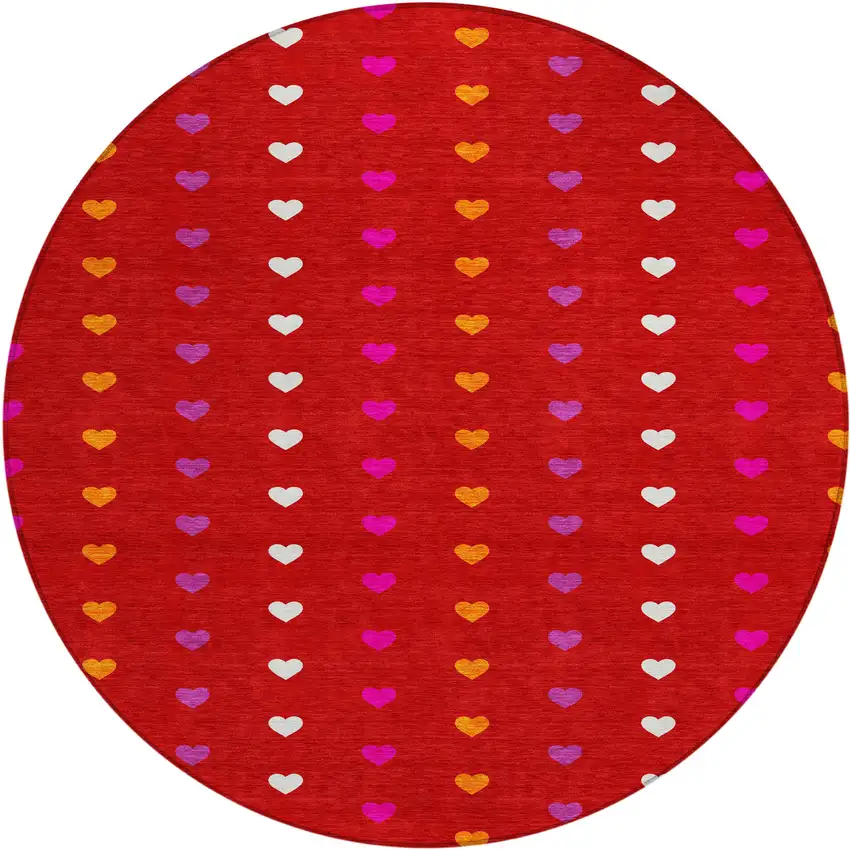 8' Red And Ivory Round Geometric Washable Indoor Outdoor Area Rug Photo 1