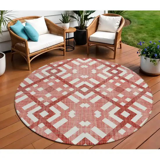 8' Red And Ivory Round Geometric Washable Indoor Outdoor Area Rug Photo 1