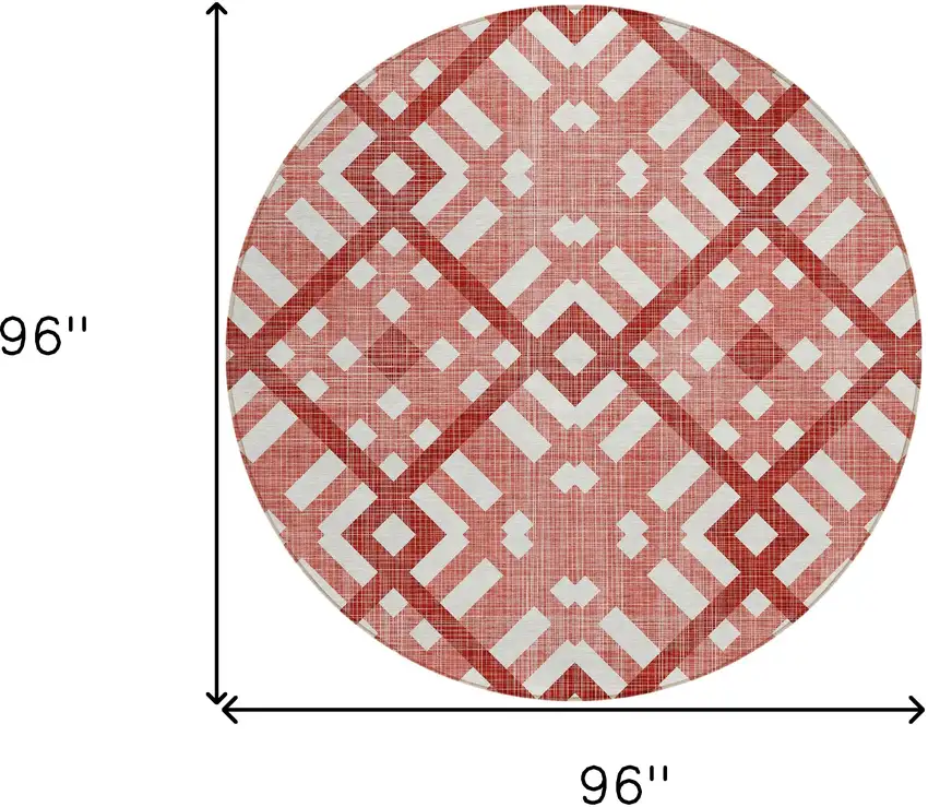 8' Red And Ivory Round Geometric Washable Indoor Outdoor Area Rug Photo 3