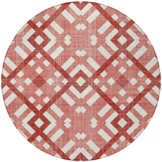 8' Red And Ivory Round Geometric Washable Indoor Outdoor Area Rug Photo 5