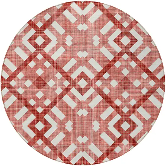 8' Red And Ivory Round Geometric Washable Indoor Outdoor Area Rug Photo 5
