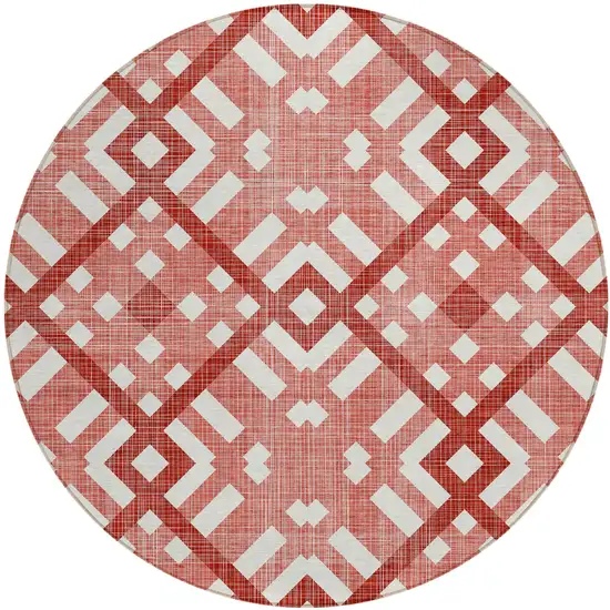 8' Red And Ivory Round Geometric Washable Indoor Outdoor Area Rug Photo 2