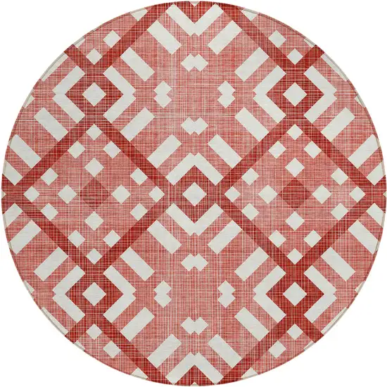 8' Red And Ivory Round Geometric Washable Indoor Outdoor Area Rug Photo 2