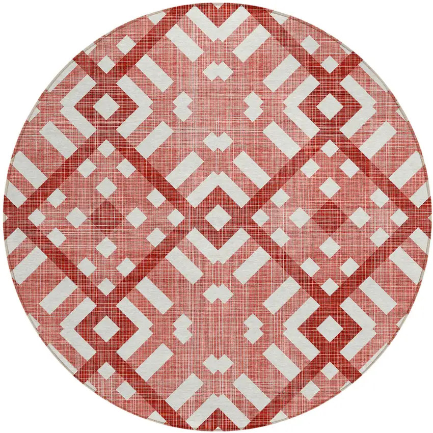8' Red And Ivory Round Geometric Washable Indoor Outdoor Area Rug Photo 2