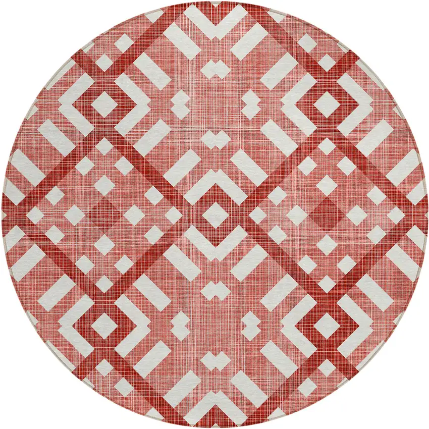 8' Red And Ivory Round Geometric Washable Indoor Outdoor Area Rug Photo 2
