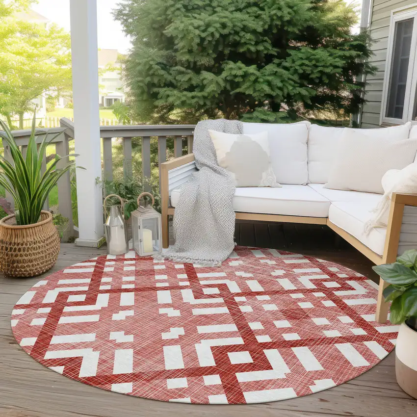 8' Red And Ivory Round Geometric Washable Indoor Outdoor Area Rug Photo 6