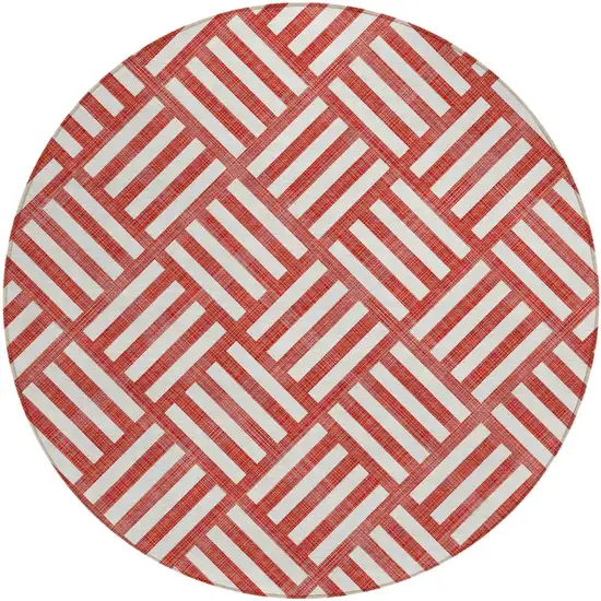 8' Red And Ivory Round Geometric Washable Indoor Outdoor Area Rug Photo 3