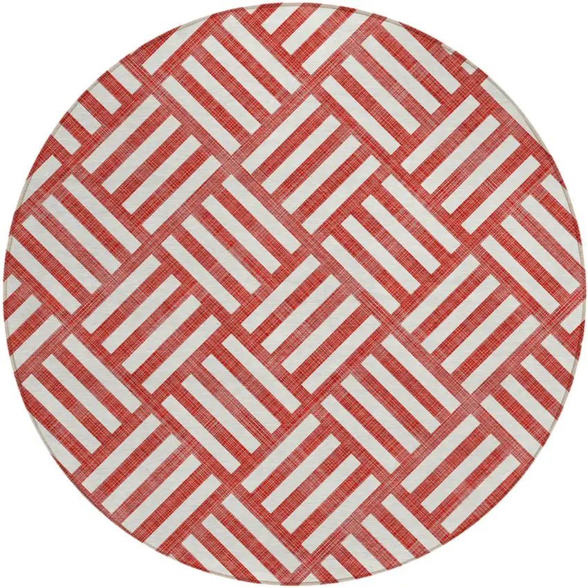 8' Red And Ivory Round Geometric Washable Indoor Outdoor Area Rug Photo 3