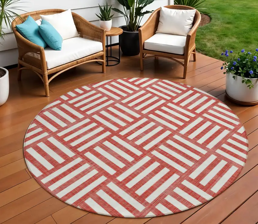 8' Red And Ivory Round Geometric Washable Indoor Outdoor Area Rug Photo 1