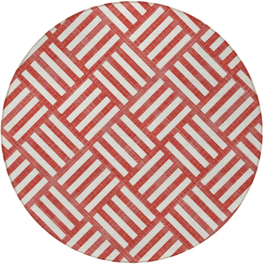 8' Red And Ivory Round Geometric Washable Indoor Outdoor Area Rug Photo 6