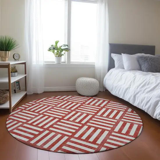 8' Red And Ivory Round Geometric Washable Indoor Outdoor Area Rug Photo 8