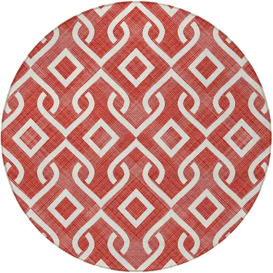 8' Red And Ivory Round Geometric Washable Indoor Outdoor Area Rug Photo 5