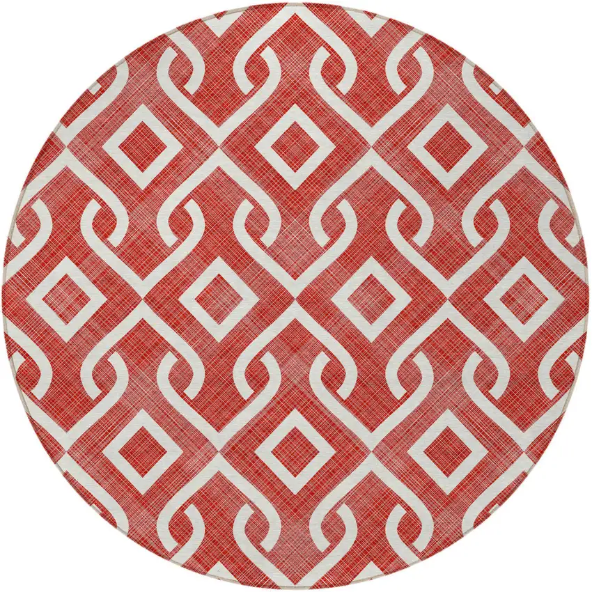 8' Red And Ivory Round Geometric Washable Indoor Outdoor Area Rug Photo 5
