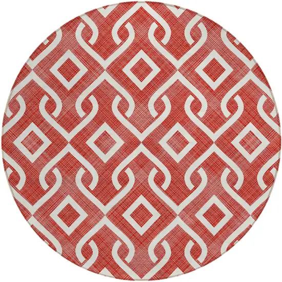 8' Red And Ivory Round Geometric Washable Indoor Outdoor Area Rug Photo 2