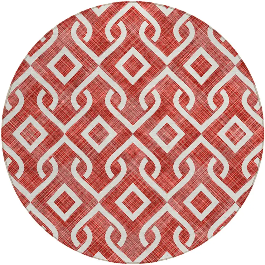 8' Red And Ivory Round Geometric Washable Indoor Outdoor Area Rug Photo 2