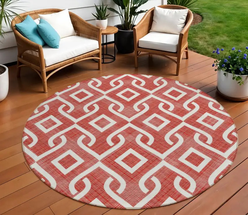 8' Red And Ivory Round Geometric Washable Indoor Outdoor Area Rug Photo 1