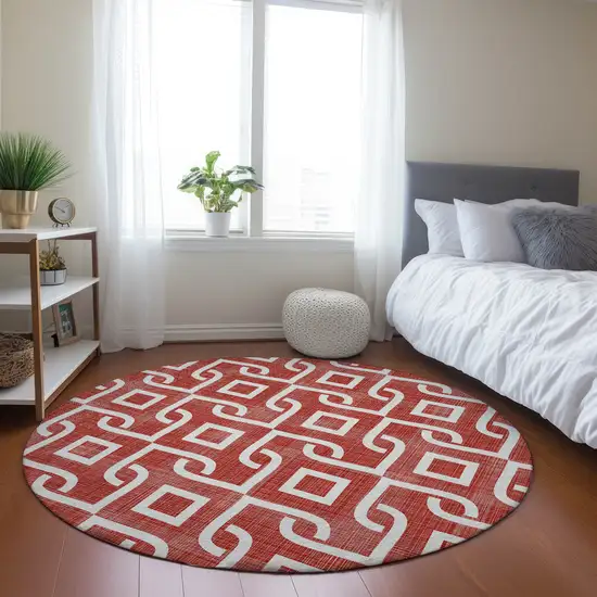 8' Red And Ivory Round Geometric Washable Indoor Outdoor Area Rug Photo 7