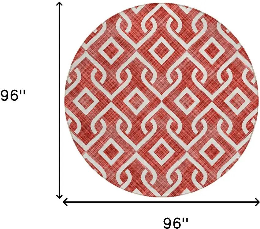 8' Red And Ivory Round Geometric Washable Indoor Outdoor Area Rug Photo 3