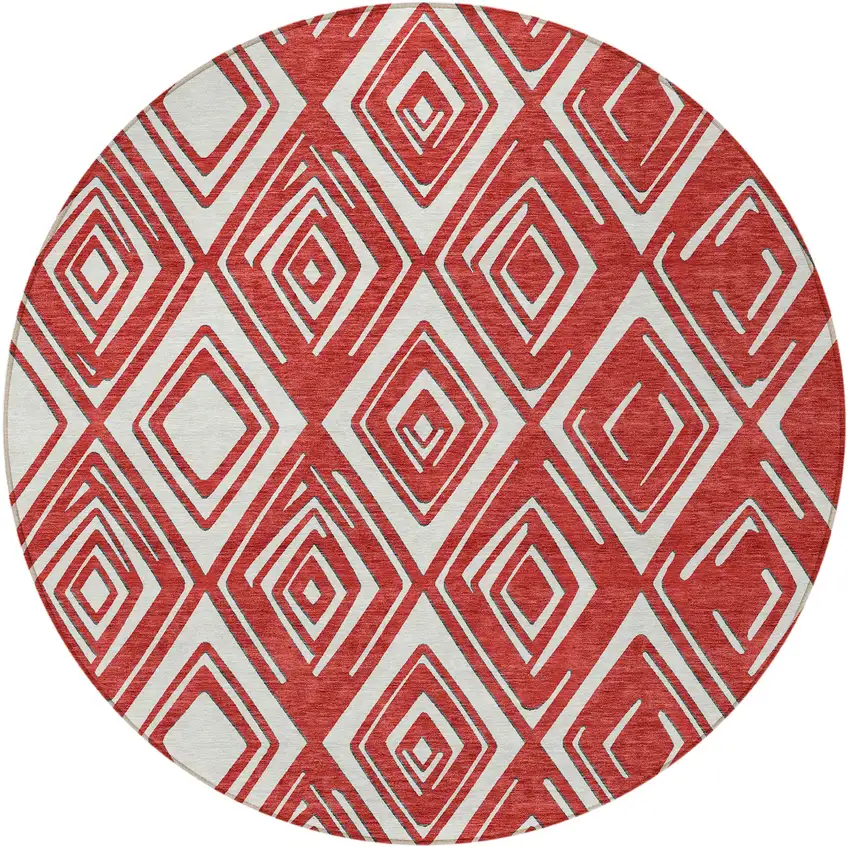 8' Red And Ivory Round Geometric Washable Indoor Outdoor Area Rug Photo 6