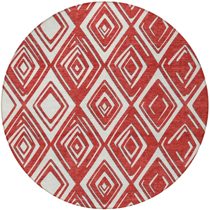 8' Red And Ivory Round Geometric Washable Indoor Outdoor Area Rug Photo 6