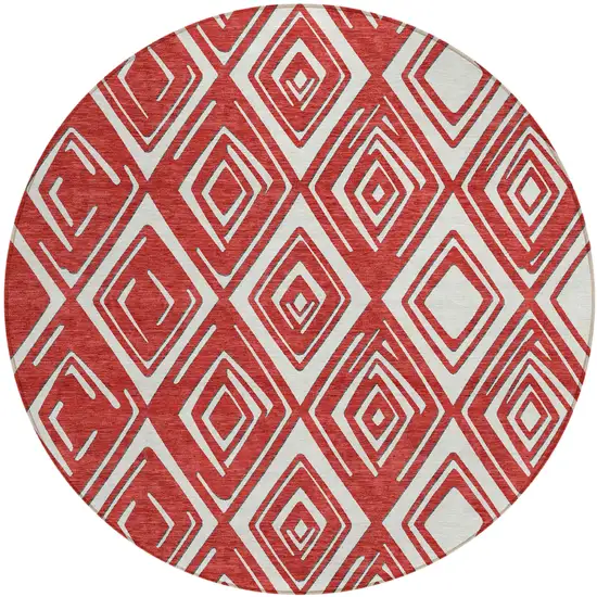 8' Red And Ivory Round Geometric Washable Indoor Outdoor Area Rug Photo 2