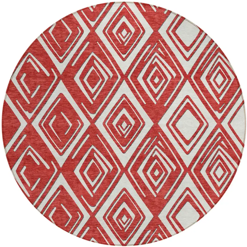 8' Red And Ivory Round Geometric Washable Indoor Outdoor Area Rug Photo 2
