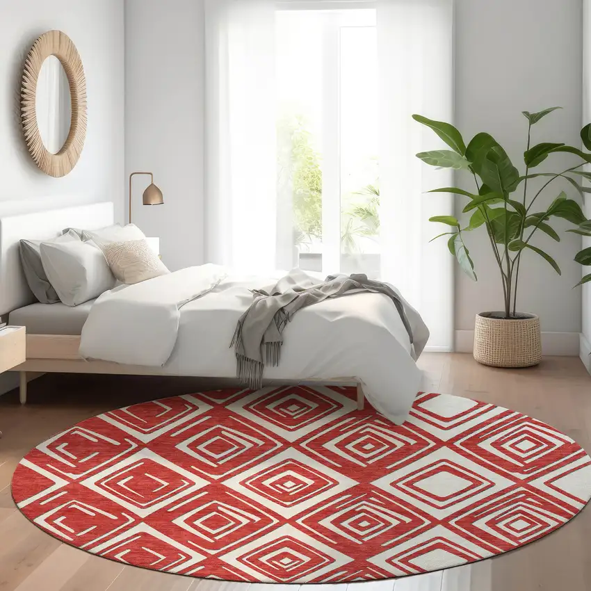8' Red And Ivory Round Geometric Washable Indoor Outdoor Area Rug Photo 8