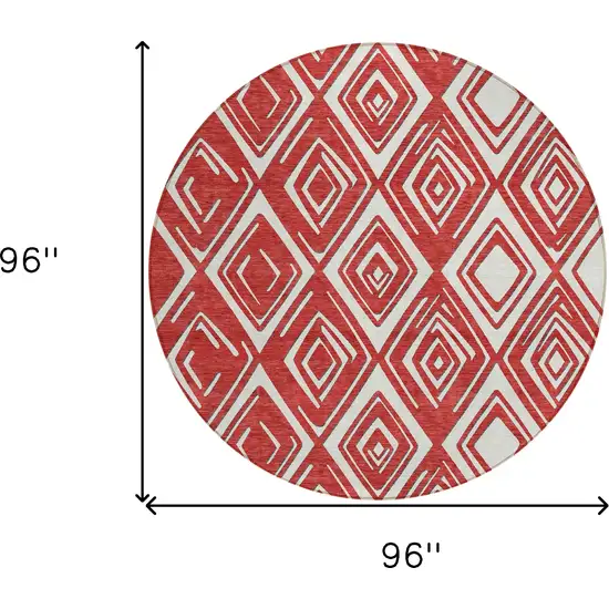 8' Red And Ivory Round Geometric Washable Indoor Outdoor Area Rug Photo 3