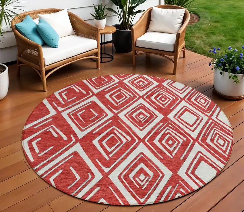8' Red And Ivory Round Geometric Washable Indoor Outdoor Area Rug Photo 1