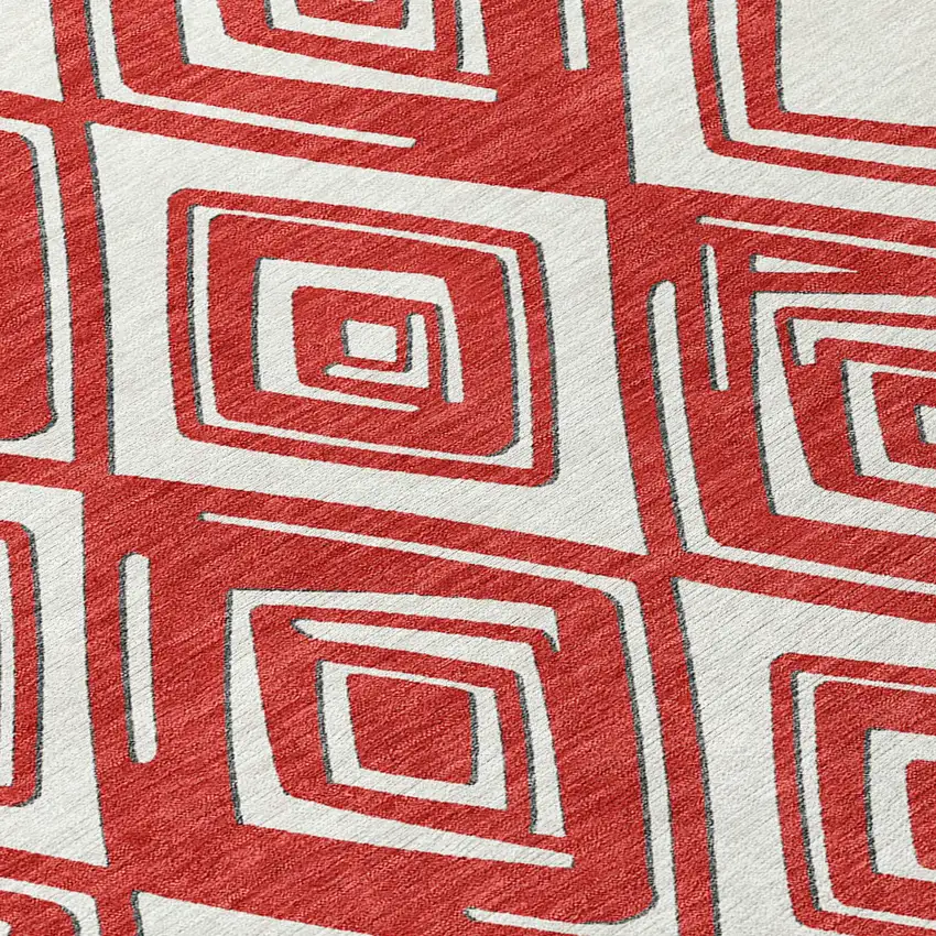 8' Red And Ivory Round Geometric Washable Indoor Outdoor Area Rug Photo 5