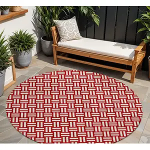 Photo of 8' Red And Ivory Round Geometric Washable Indoor Outdoor Area Rug