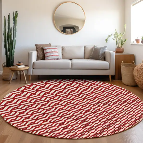 8' Red And Ivory Round Geometric Washable Indoor Outdoor Area Rug Photo 8