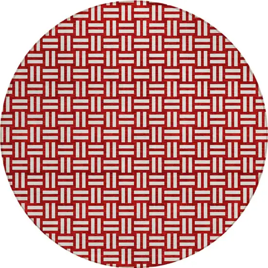 8' Red And Ivory Round Geometric Washable Indoor Outdoor Area Rug Photo 6