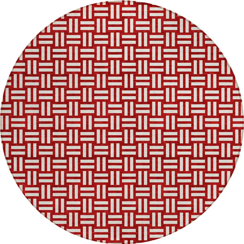 8' Red And Ivory Round Geometric Washable Indoor Outdoor Area Rug Photo 6