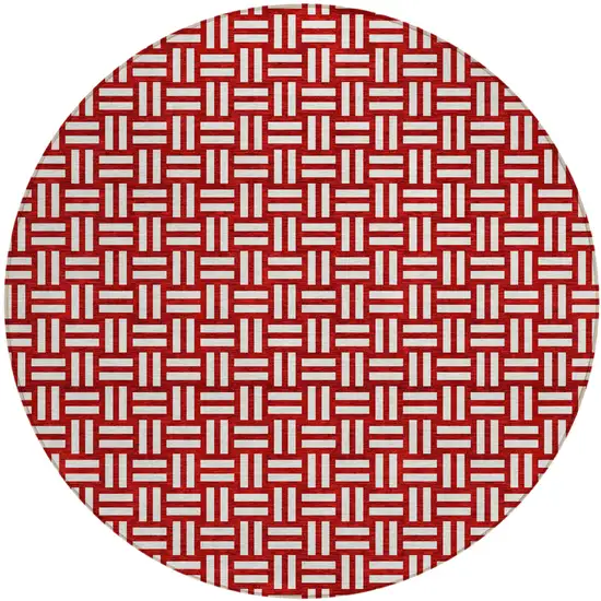 8' Red And Ivory Round Geometric Washable Indoor Outdoor Area Rug Photo 2