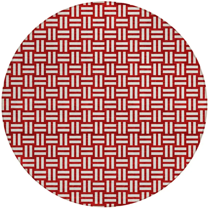 8' Red And Ivory Round Geometric Washable Indoor Outdoor Area Rug Photo 2